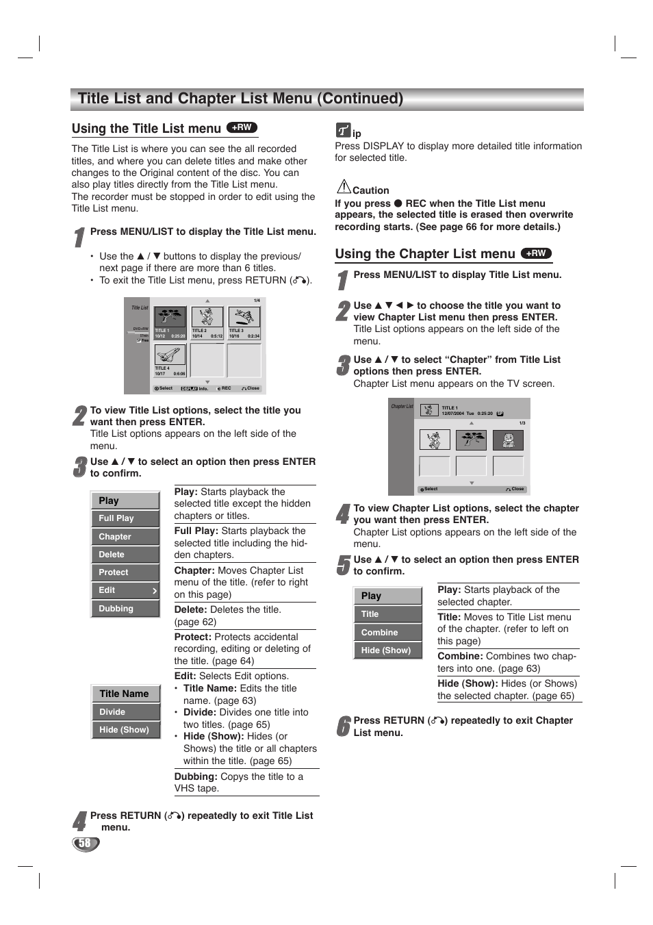 Title list and chapter list menu (continued), Using the title list menu, Using the chapter list menu | LG LHY-518 User Manual | Page 58 / 75