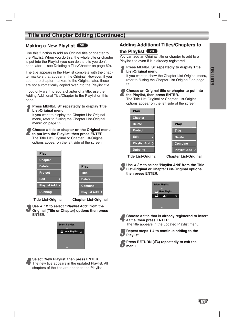 Title and chapter editing (continued) | LG LHY-518 User Manual | Page 61 / 75