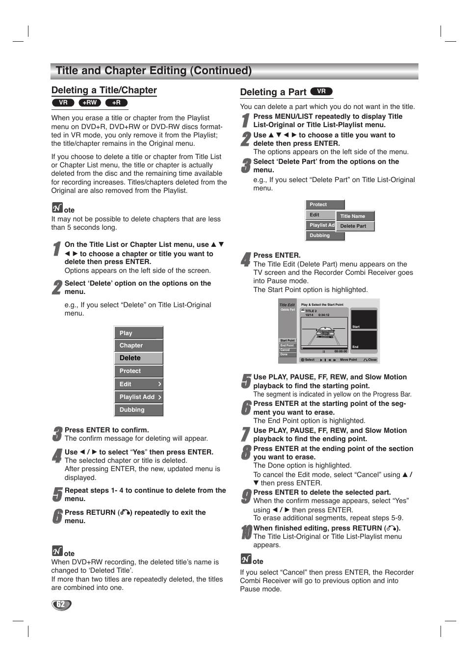 Title and chapter editing (continued) | LG LHY-518 User Manual | Page 62 / 75