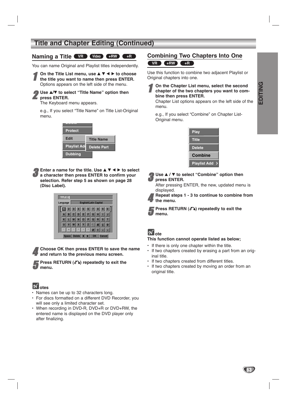 Title and chapter editing (continued), Editing, Naming a title | Combining two chapters into one | LG LHY-518 User Manual | Page 63 / 75