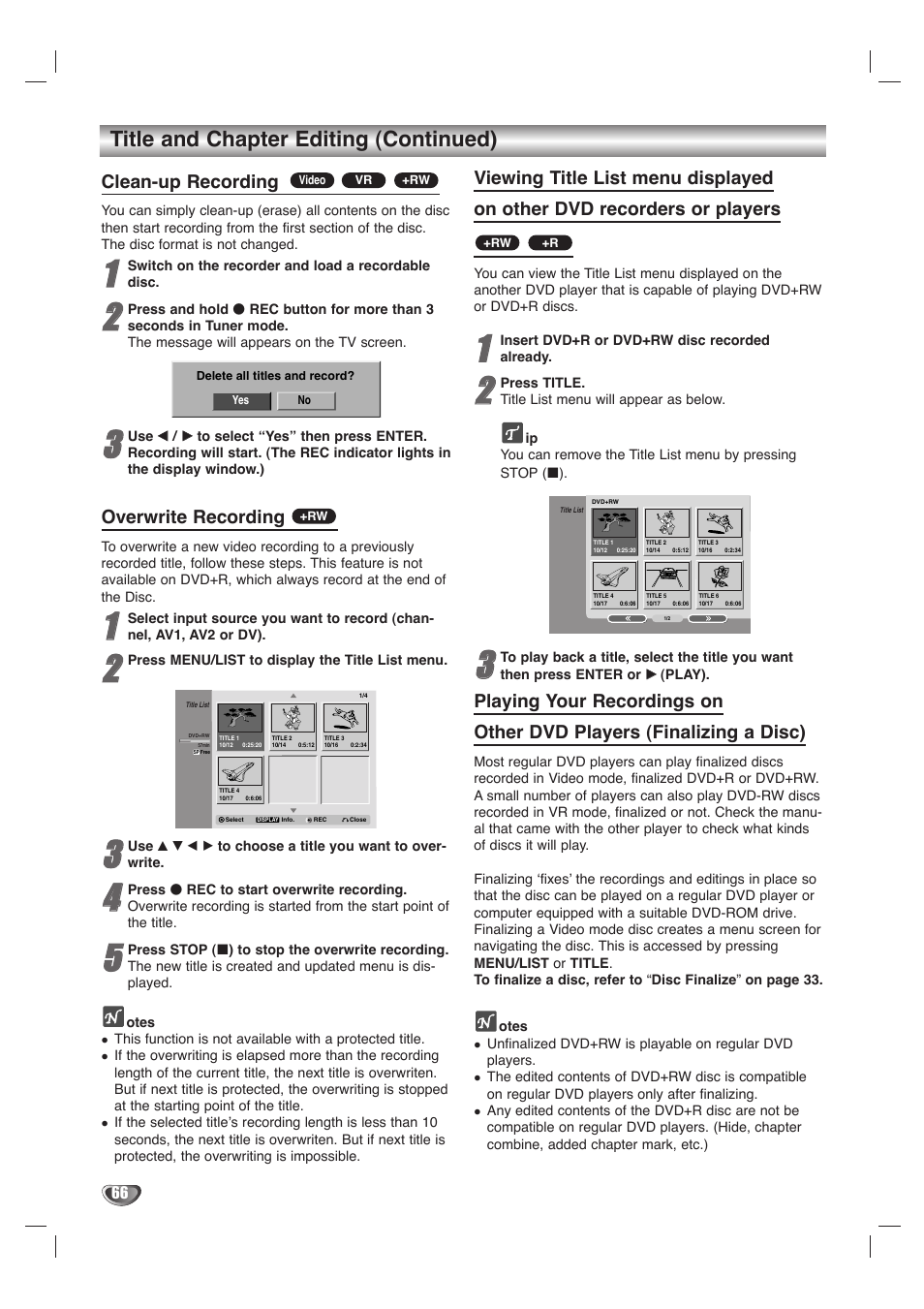 Title and chapter editing (continued), Clean-up recording, Overwrite recording | LG LHY-518 User Manual | Page 66 / 75