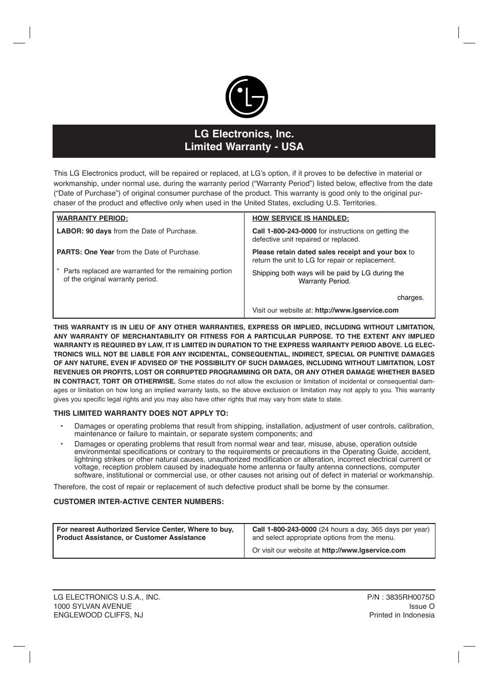 Lg electronics, inc. limited warranty - usa | LG LHY-518 User Manual | Page 75 / 75