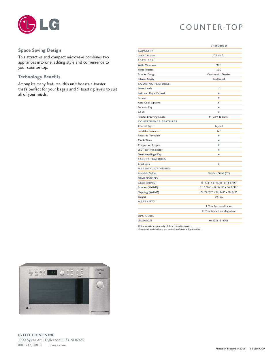 Space saving design, Technology benefits | LG LTM9000 User Manual | Page 2 / 2