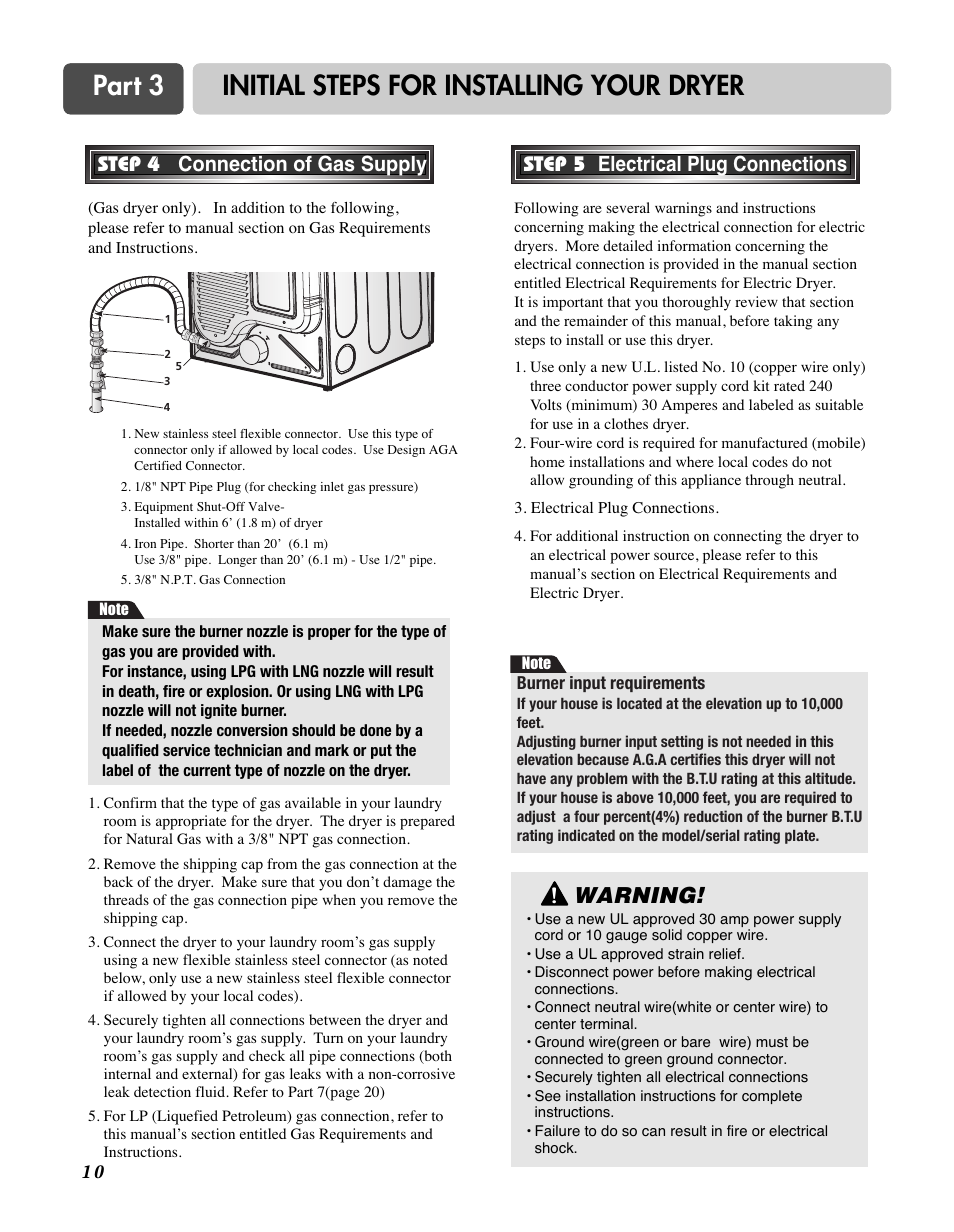 Part 3 initial steps for installing your dryer, Warning, Step 4 connection of gas supply | Step 5 electrical plug connections | LG D7188NM User Manual | Page 10 / 64