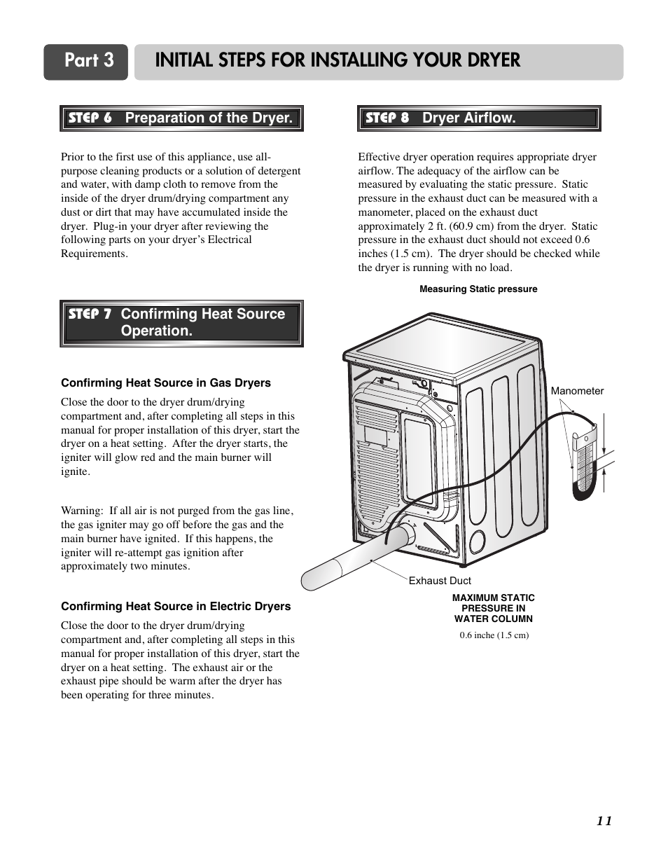 Part 3 initial steps for installing your dryer | LG D7188NM User Manual | Page 11 / 64