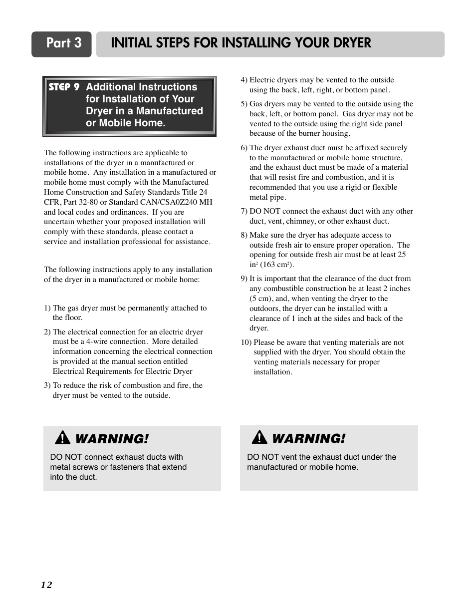 Part 3 initial steps for installing your dryer, Warning | LG D7188NM User Manual | Page 12 / 64