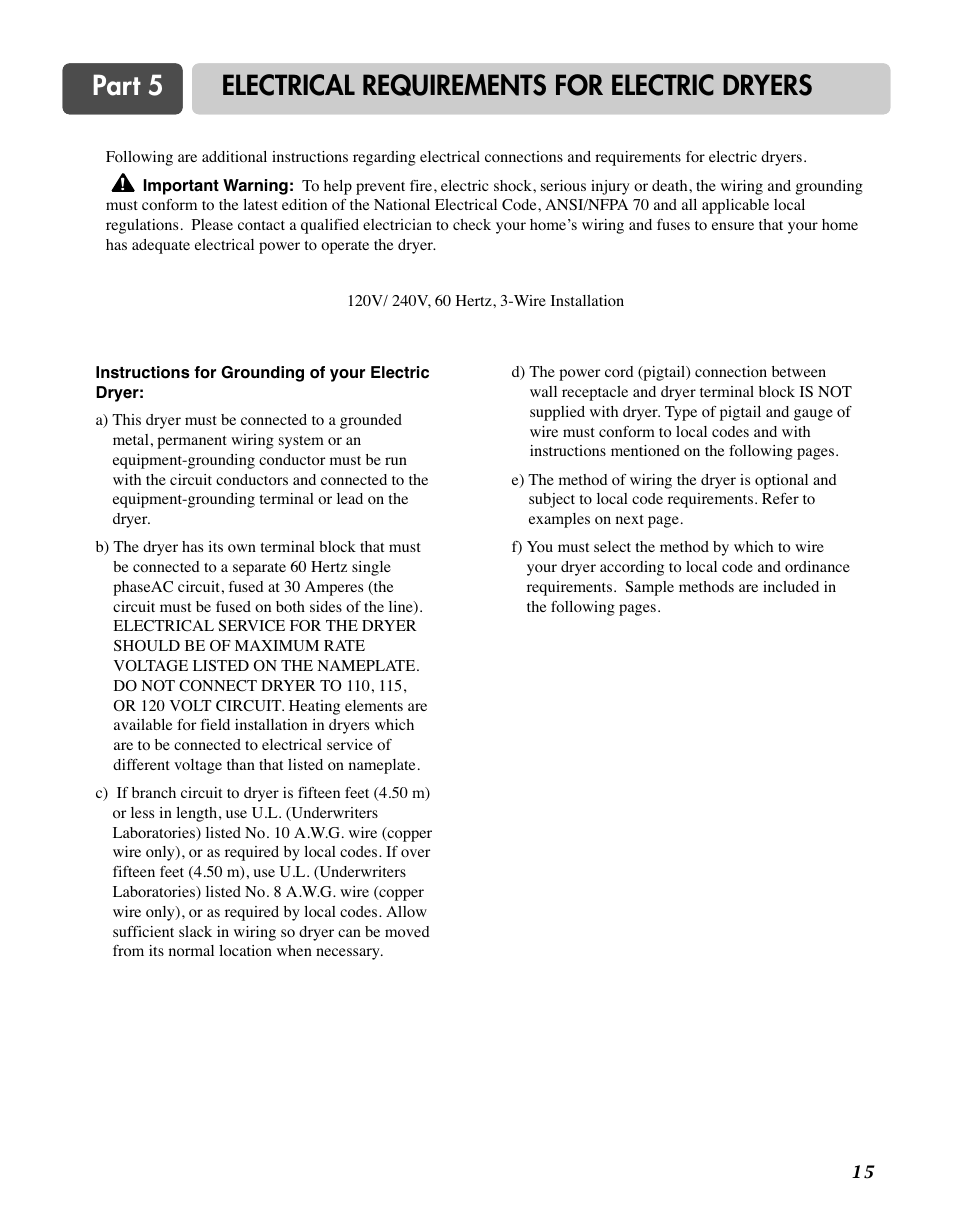 Part 5 electrical requirements for electric dryers | LG D7188NM User Manual | Page 15 / 64