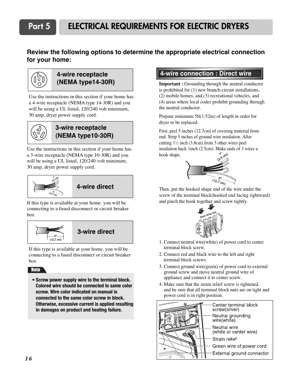 Part 5 electrical requirements for electric dryers | LG D7188NM User Manual | Page 16 / 64