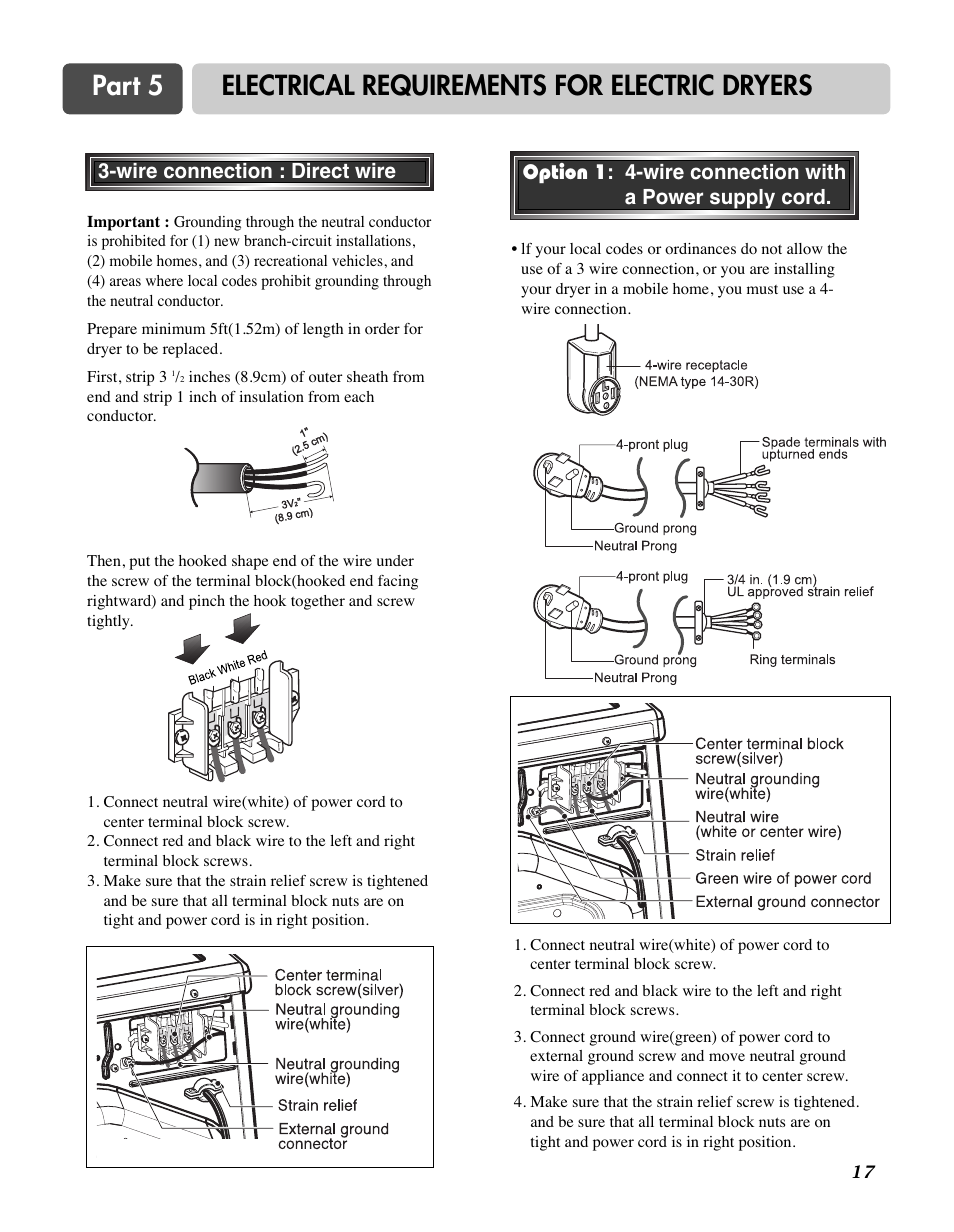 Part 5 electrical requirements for electric dryers | LG D7188NM User Manual | Page 17 / 64