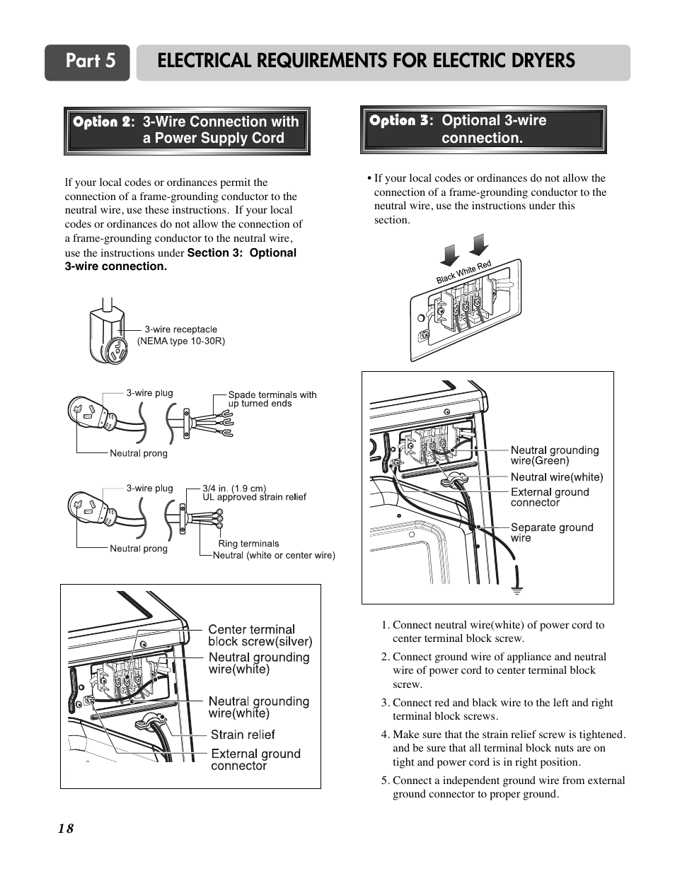 Part 5 electrical requirements for electric dryers | LG D7188NM User Manual | Page 18 / 64