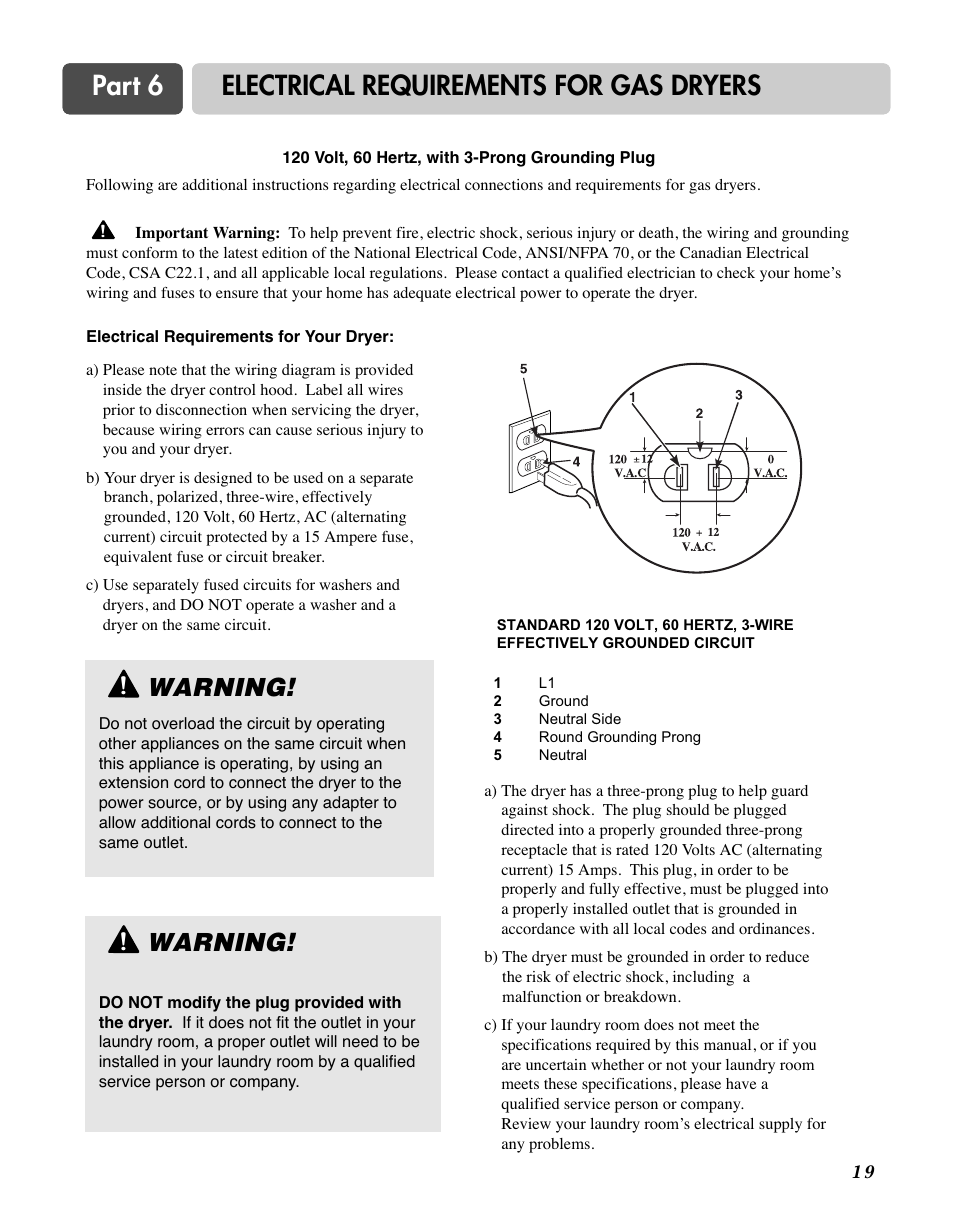 Part 6 electrical requirements for gas dryers, Warning | LG D7188NM User Manual | Page 19 / 64