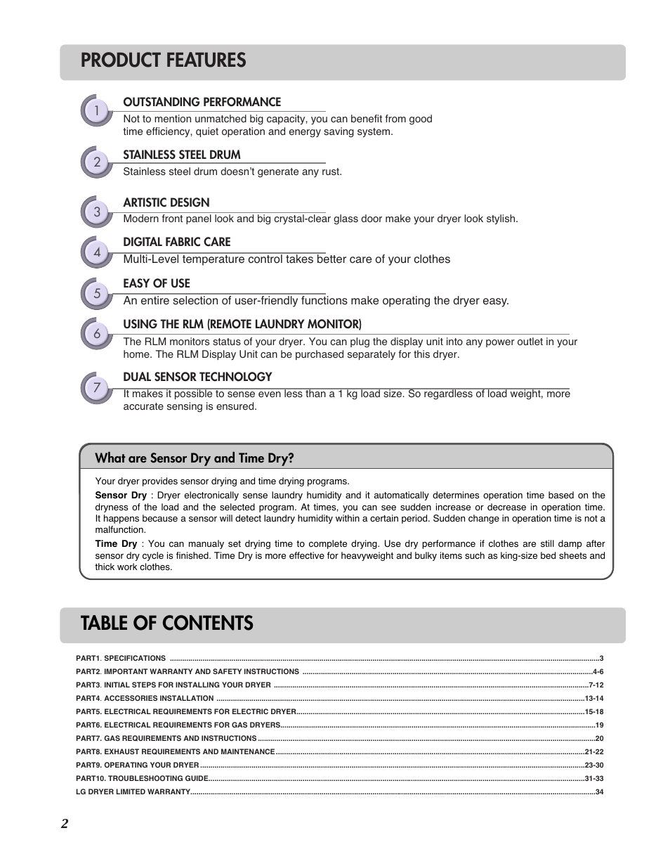 Product features table of contents | LG D7188NM User Manual | Page 2 / 64