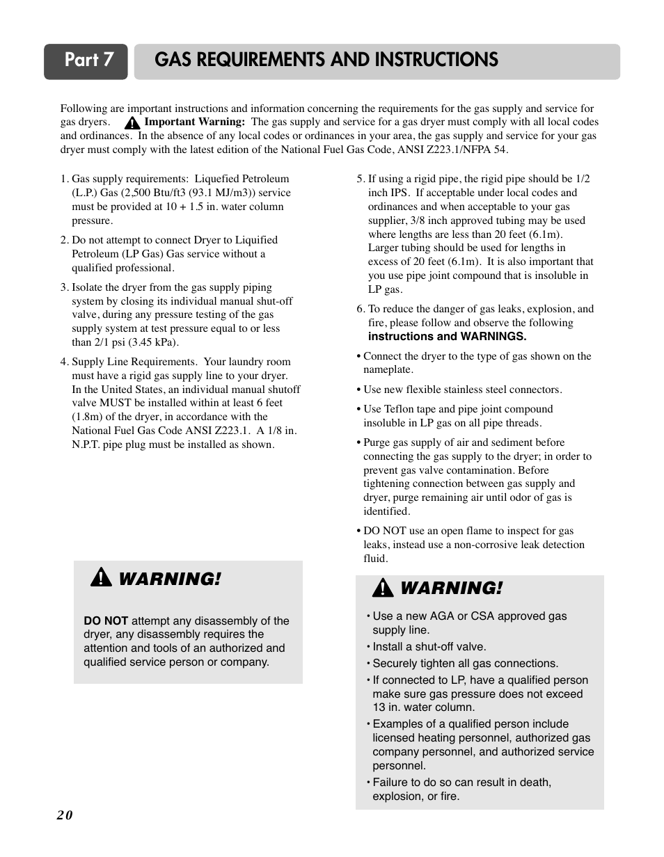 Part 7 gas requirements and instructions, Warning | LG D7188NM User Manual | Page 20 / 64