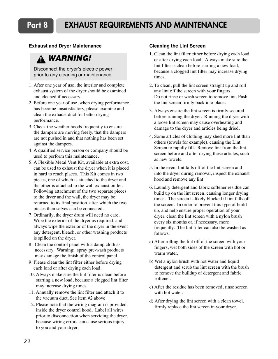 Part 8 exhaust requirements and maintenance, Warning | LG D7188NM User Manual | Page 22 / 64