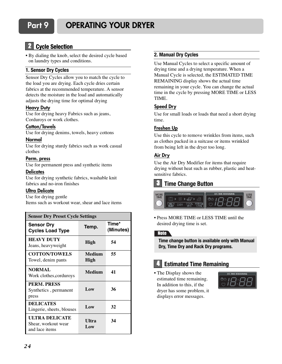 Part 9 operating your dryer | LG D7188NM User Manual | Page 24 / 64