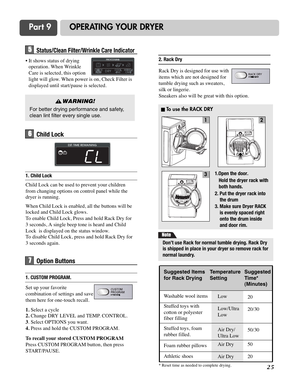 Part 9 operating your dryer | LG D7188NM User Manual | Page 25 / 64