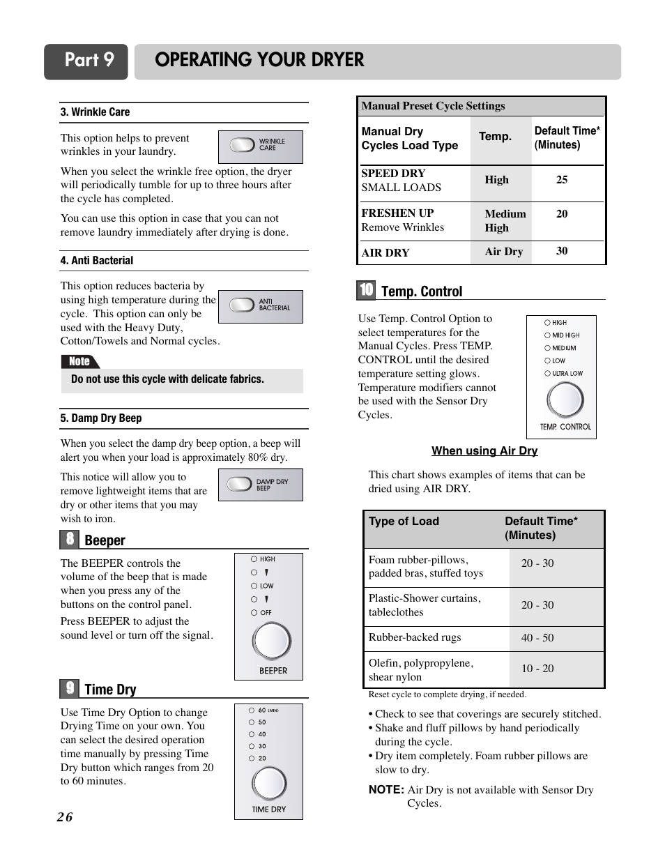 Part 9 operating your dryer | LG D7188NM User Manual | Page 26 / 64