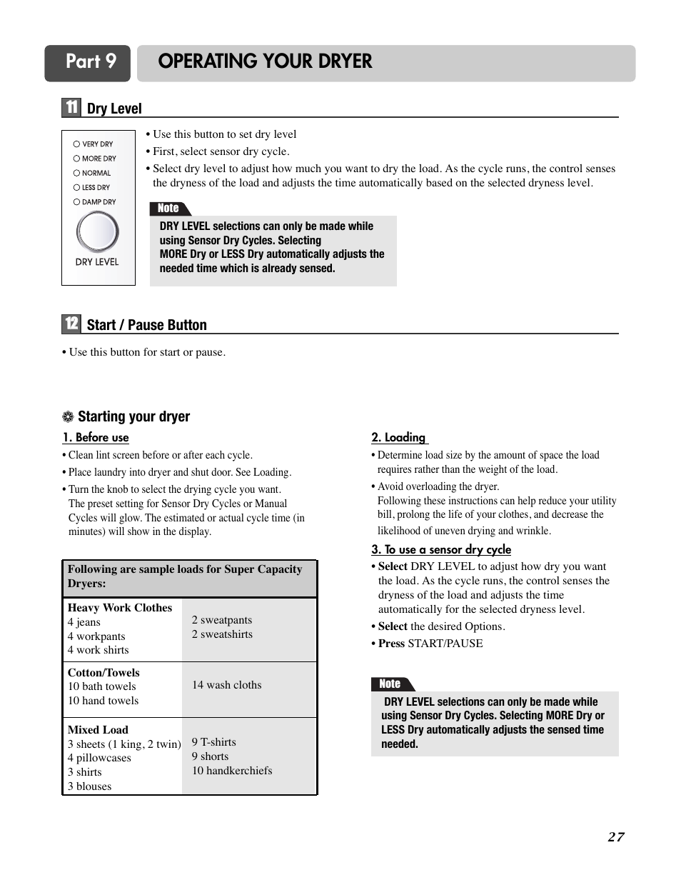 Part 9 operating your dryer | LG D7188NM User Manual | Page 27 / 64