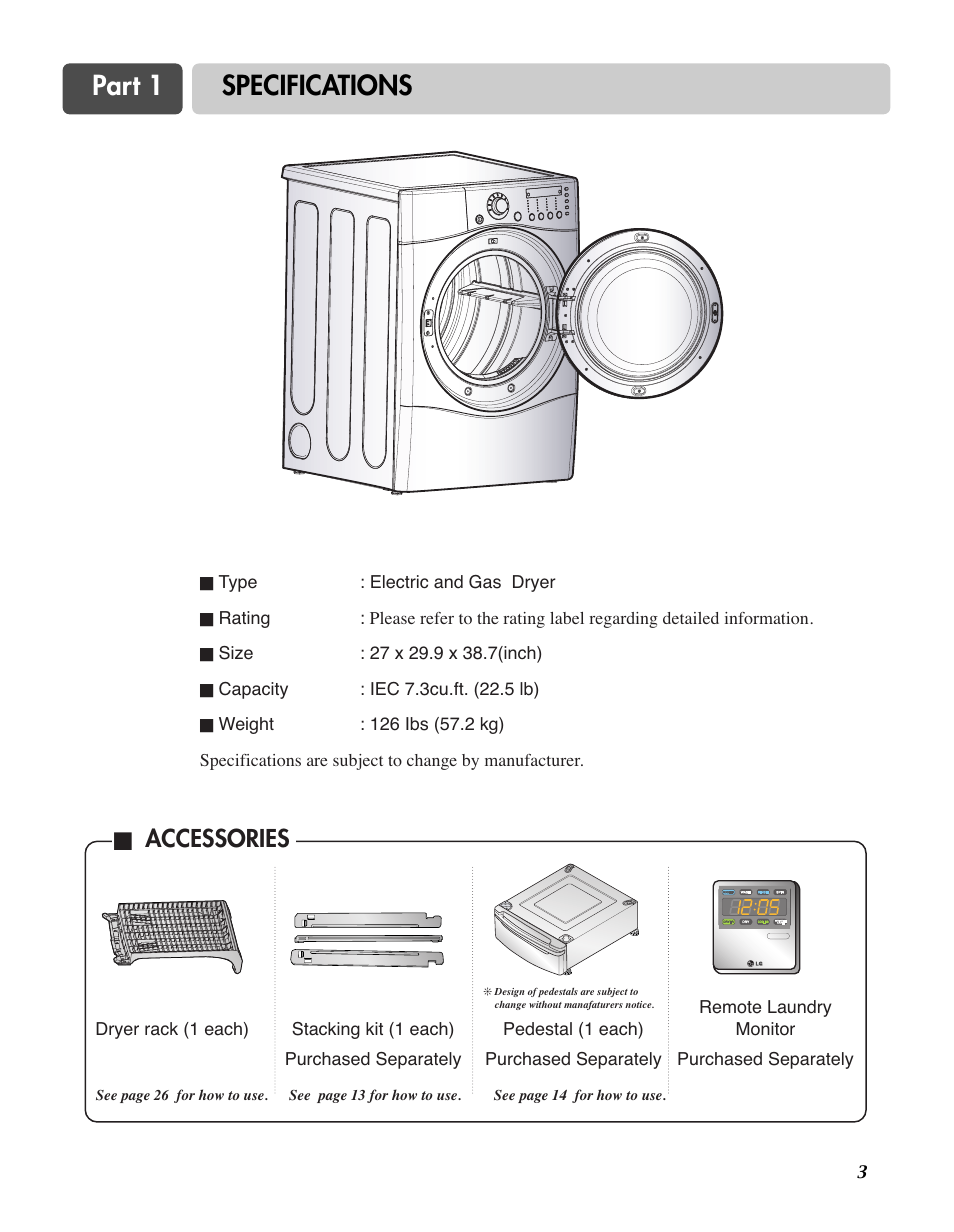 Part 1 specifications, Accessories | LG D7188NM User Manual | Page 3 / 64