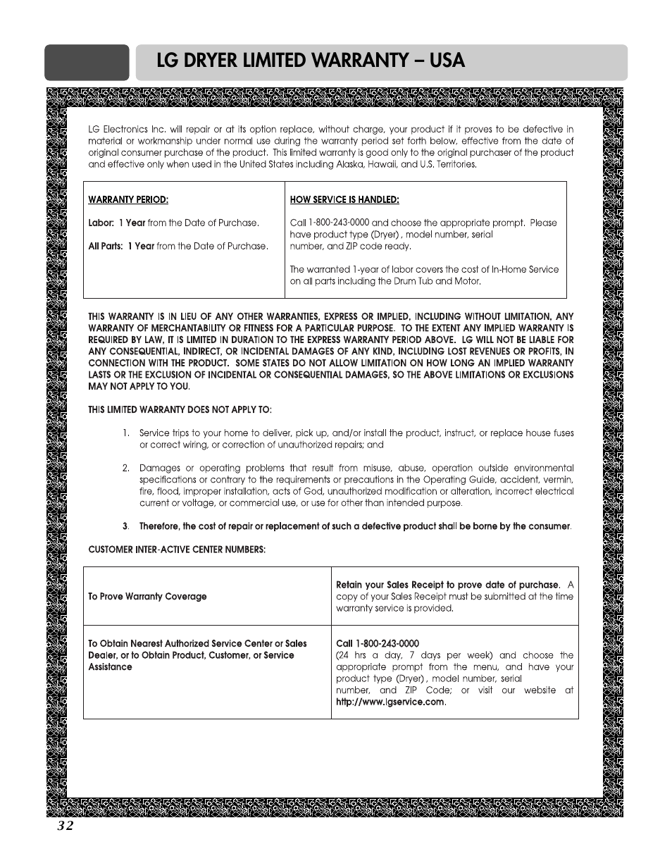 Lg dryer limited warranty – usa | LG D7188NM User Manual | Page 32 / 64