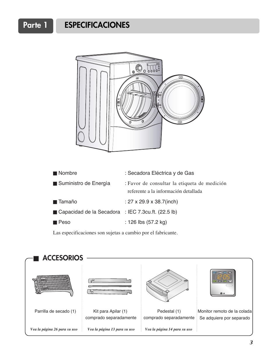 Parte 1 especificaciones, Accesorios | LG D7188NM User Manual | Page 35 / 64