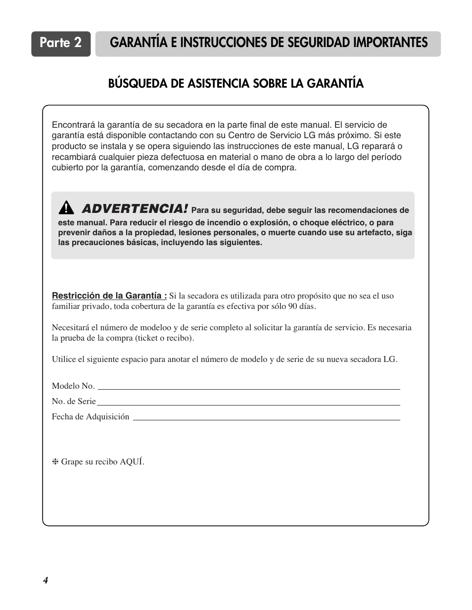 Parte 2, Garantía e instrucciones de seguridad importantes, Advertencia | Búsqueda de asistencia sobre la garantía | LG D7188NM User Manual | Page 36 / 64