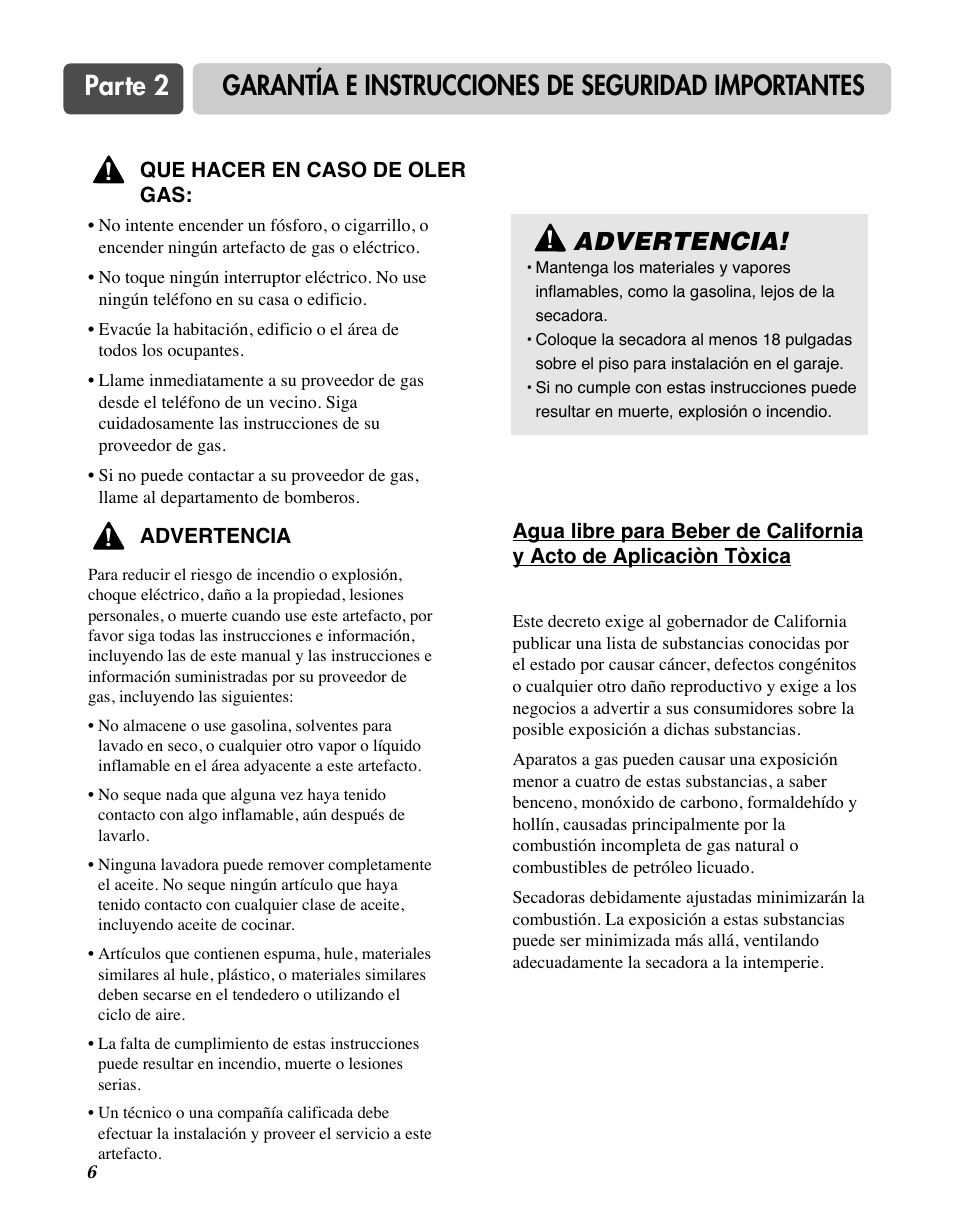 Parte 2, Garantía e instrucciones de seguridad importantes, Advertencia | LG D7188NM User Manual | Page 38 / 64