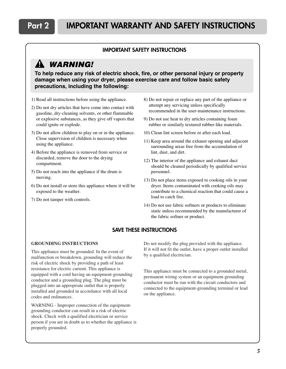 Part 2 important warranty and safety instructions, Warning | LG D7188NM User Manual | Page 5 / 64