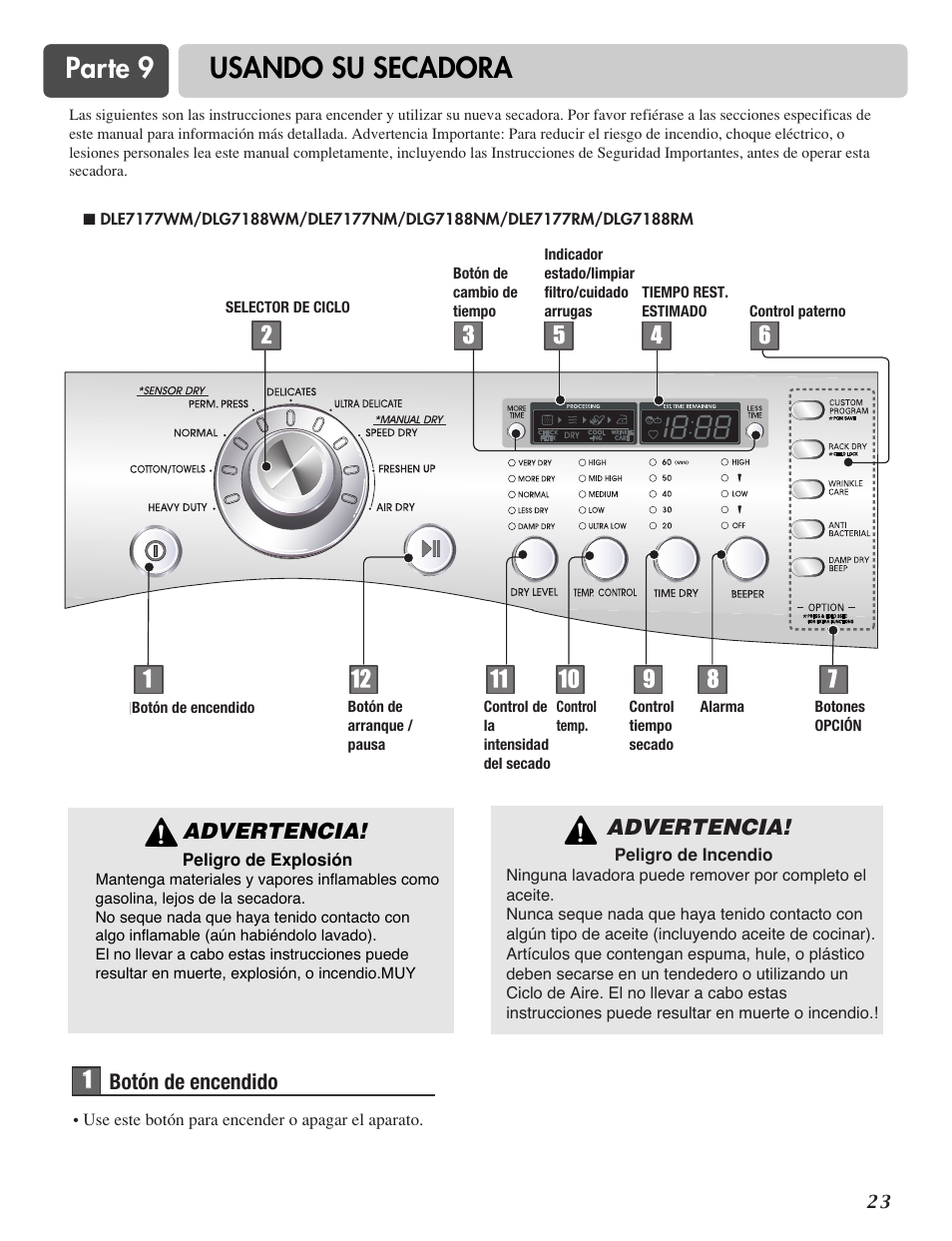 Parte 9 usando su secadora, Advertencia | LG D7188NM User Manual | Page 55 / 64