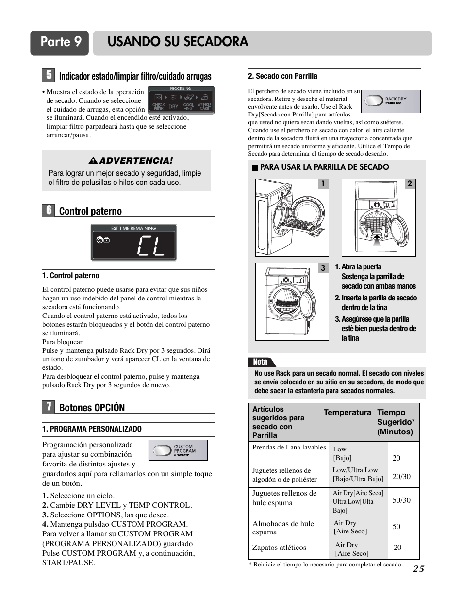 Parte 9 usando su secadora, 77 botones opción | LG D7188NM User Manual | Page 57 / 64