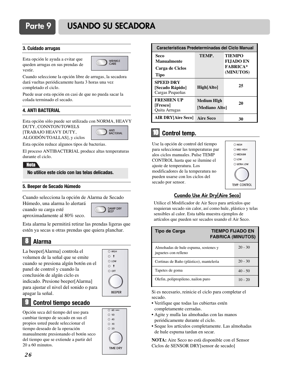 Parte 9 usando su secadora, 8alarma | LG D7188NM User Manual | Page 58 / 64