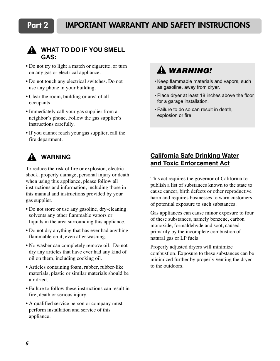 Part 2, Important warranty and safety instructions, Warning | LG D7188NM User Manual | Page 6 / 64