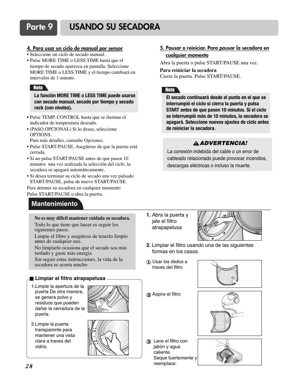 Parte 9 usando su secadora, Mantenimiento | LG D7188NM User Manual | Page 60 / 64