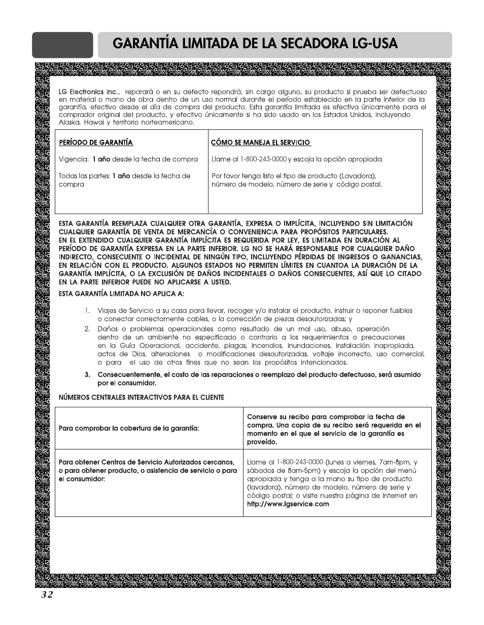 Garantía limitada de la secadora lg-usa | LG D7188NM User Manual | Page 64 / 64