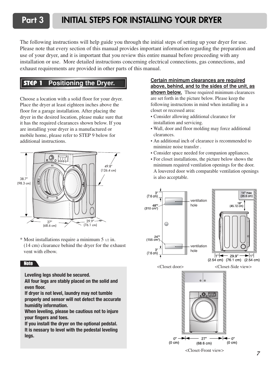 Part 3 initial steps for installing your dryer, Step 1 positioning the dryer | LG D7188NM User Manual | Page 7 / 64