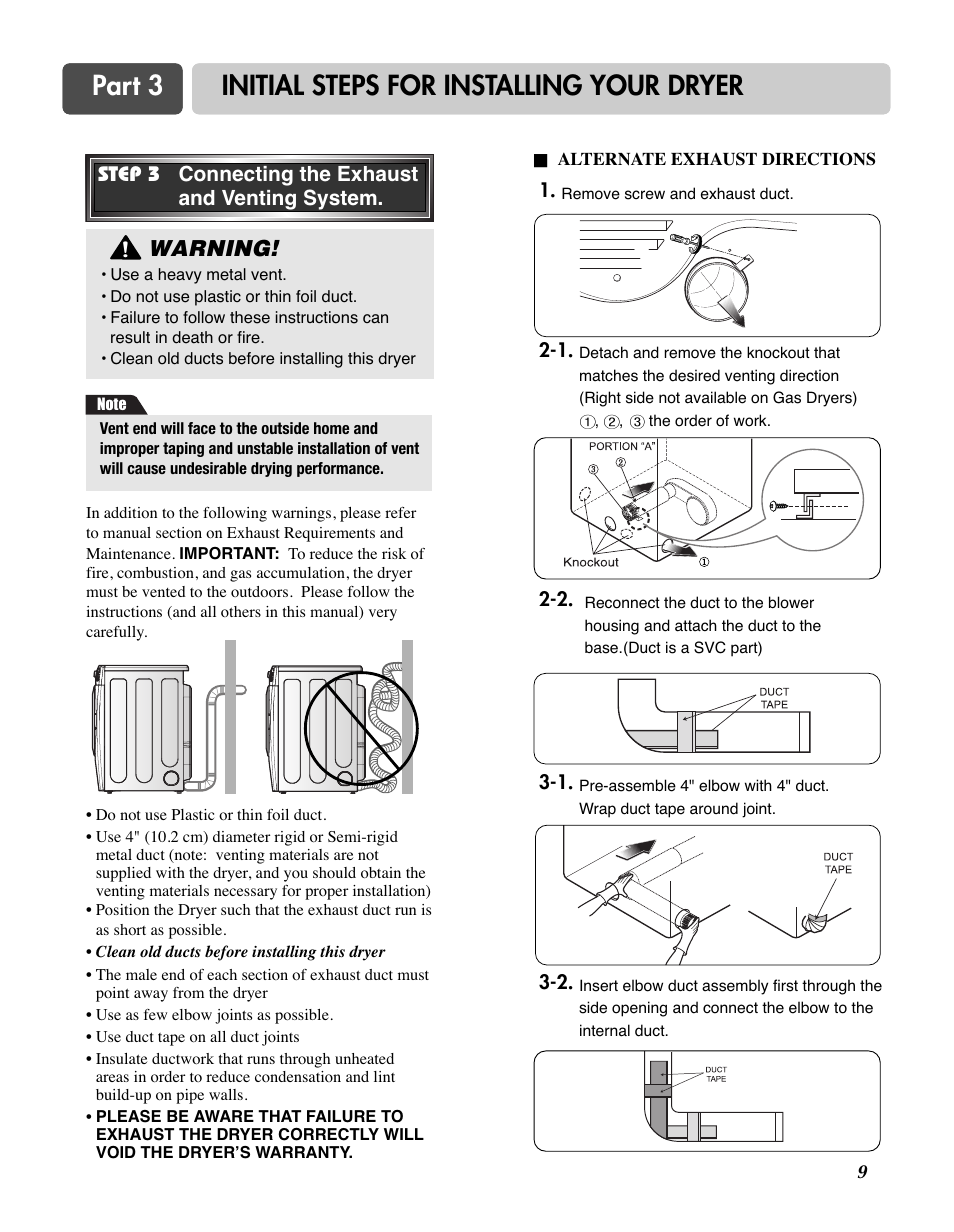 Part 3 initial steps for installing your dryer, Warning | LG D7188NM User Manual | Page 9 / 64