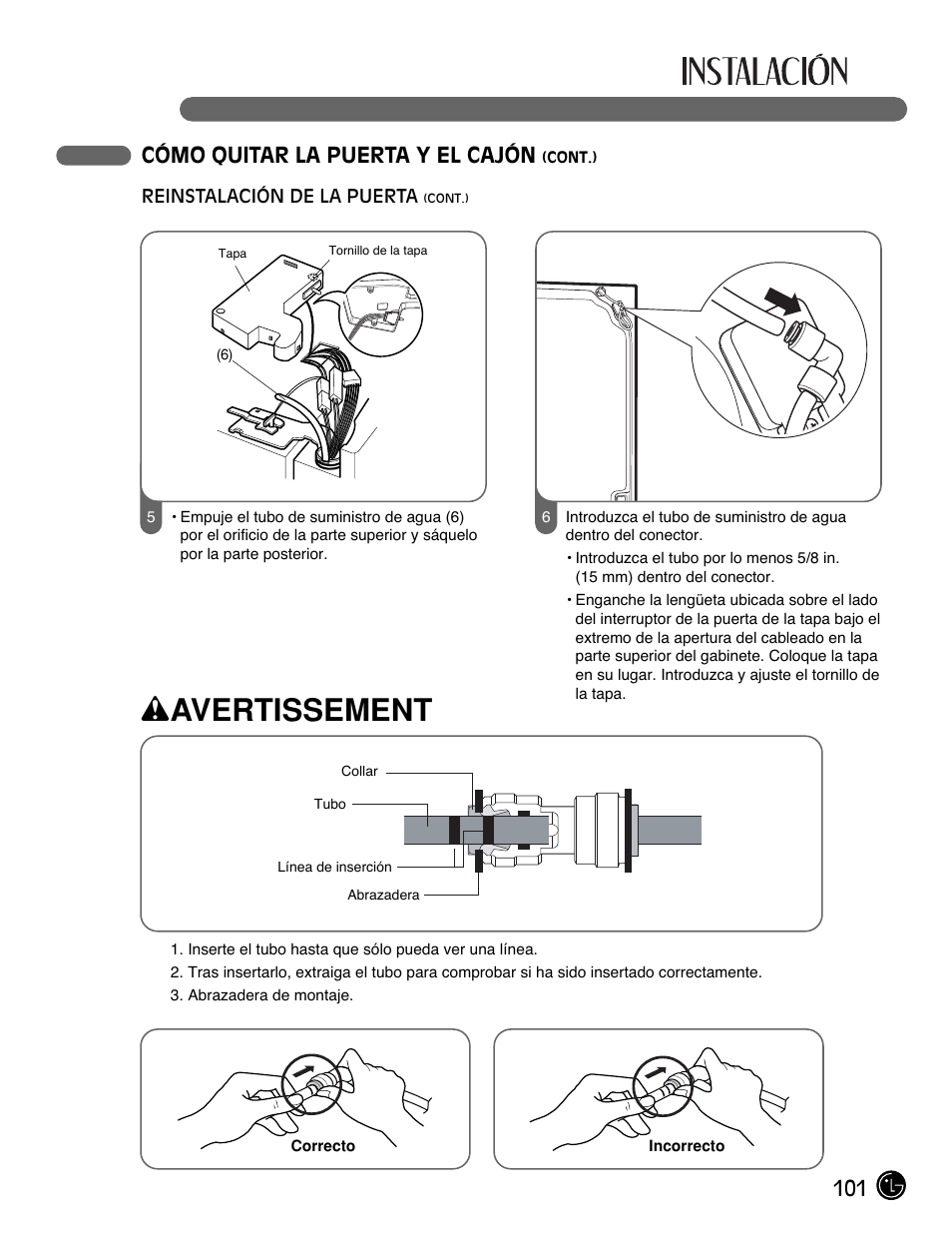 Wavertissement, 101 cómo quitar la puerta y el cajón | LG LMX25981** User Manual | Page 101 / 132