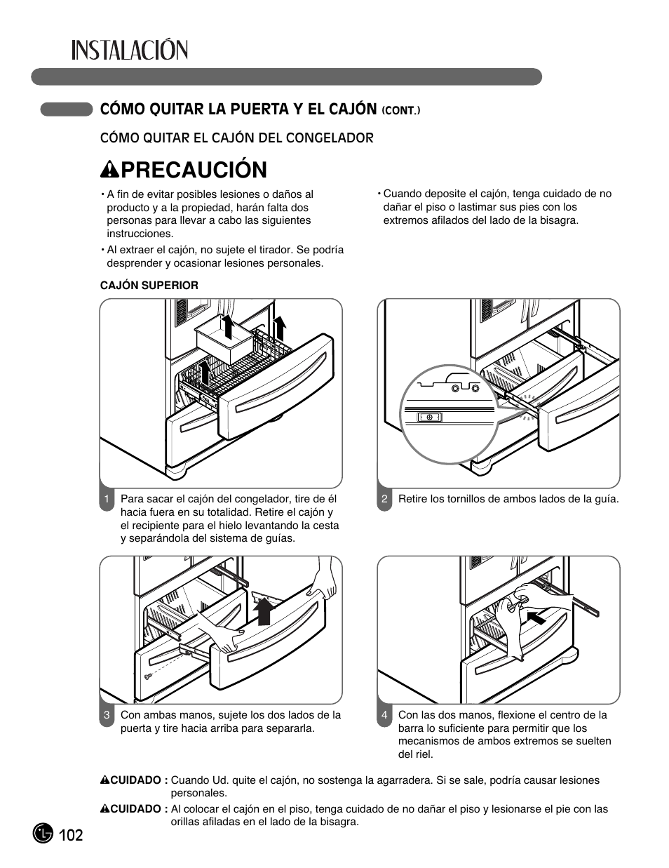 Wprecaución, 102 cómo quitar la puerta y el cajón | LG LMX25981** User Manual | Page 102 / 132