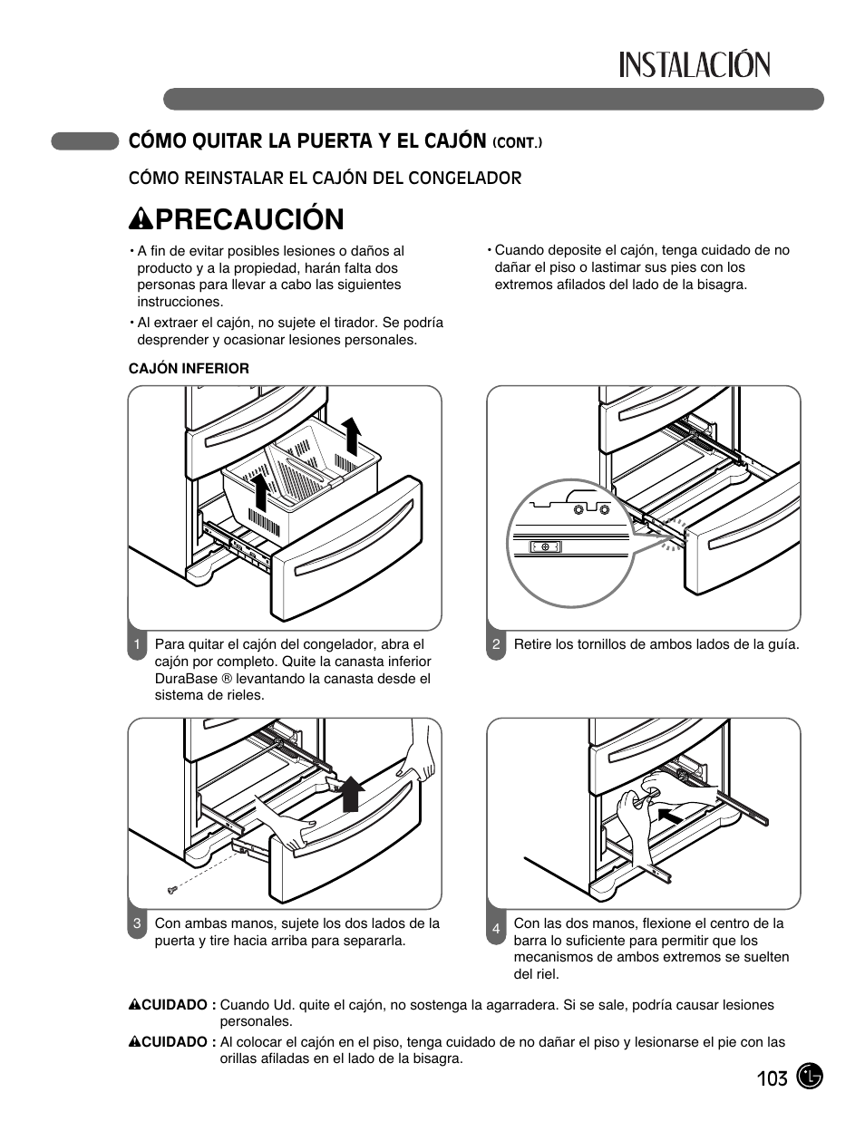 Wprecaución, 103 cómo quitar la puerta y el cajón | LG LMX25981** User Manual | Page 103 / 132