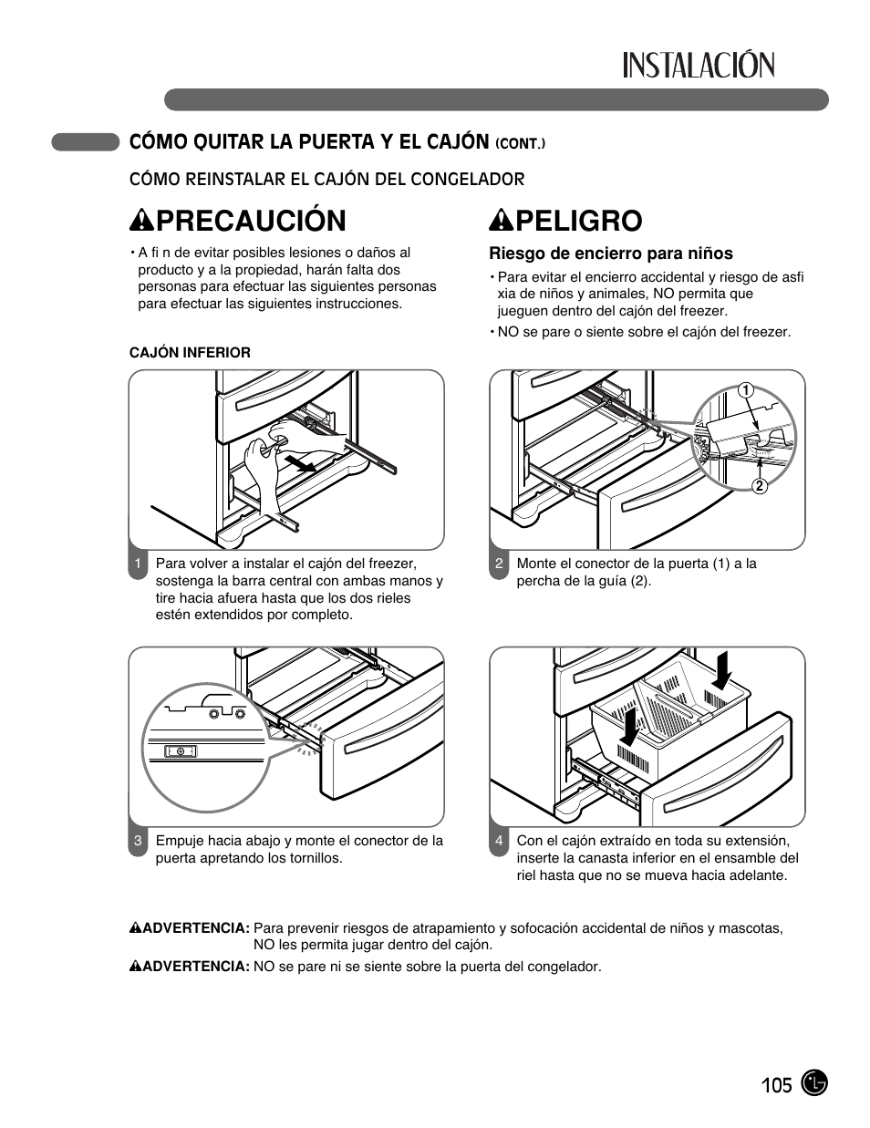 Wprecaución, Wpeligro | LG LMX25981** User Manual | Page 105 / 132