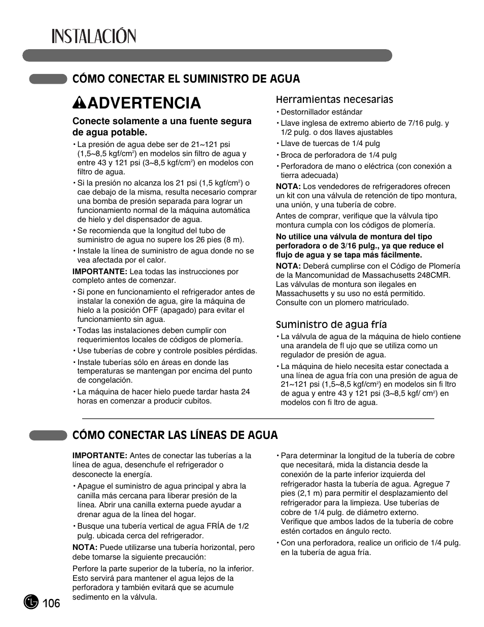 Wadvertencia, 106 cómo conectar el suministro de agua, Cómo conectar las líneas de agua | LG LMX25981** User Manual | Page 106 / 132