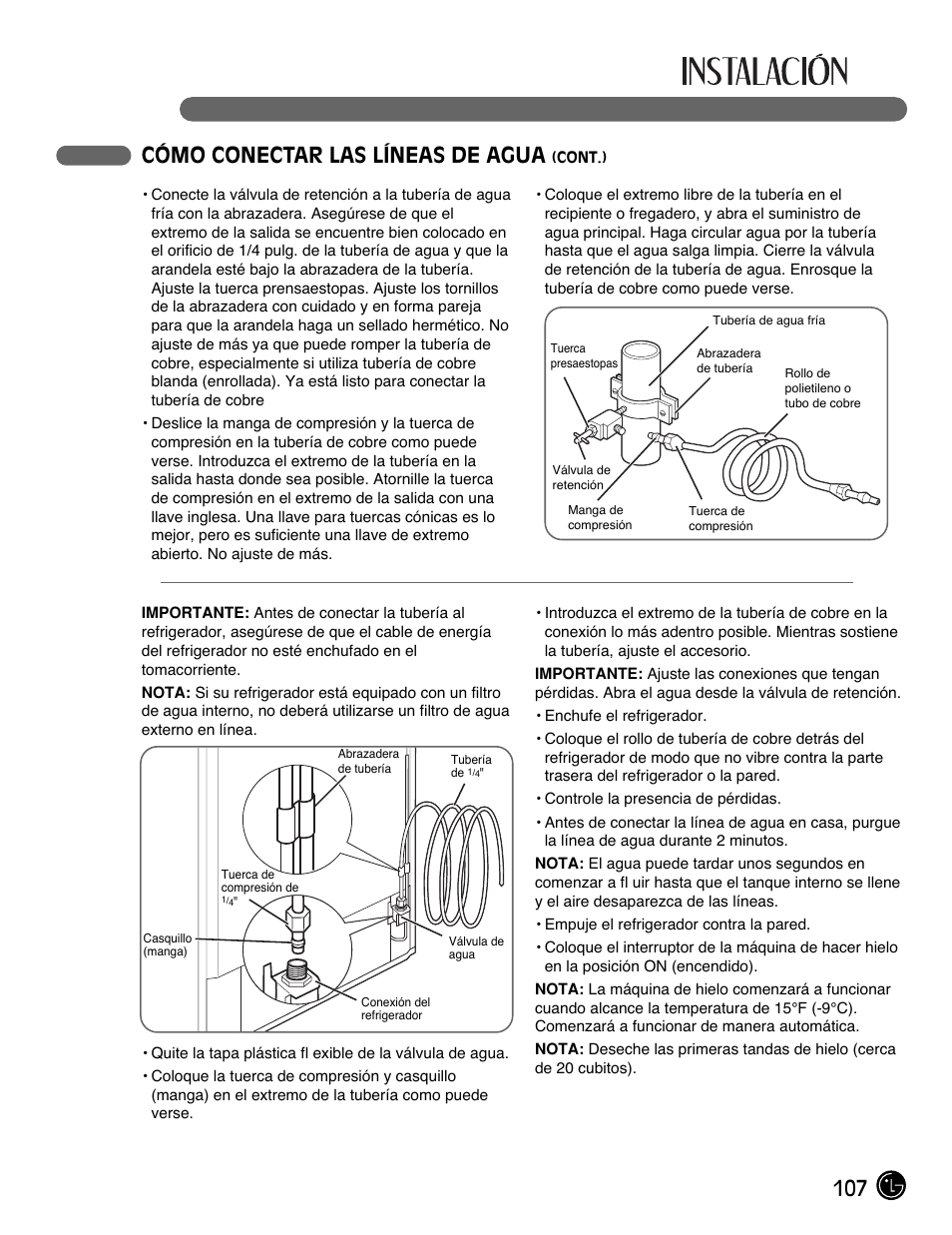 107 cómo conectar las líneas de agua | LG LMX25981** User Manual | Page 107 / 132