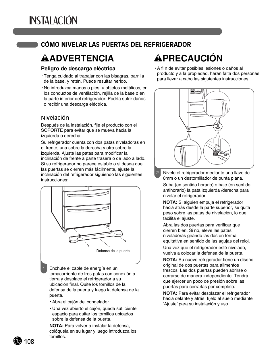 Wadvertencia, Wprecaución, 108 cómo nivelar las puertas del refrigerador | LG LMX25981** User Manual | Page 108 / 132