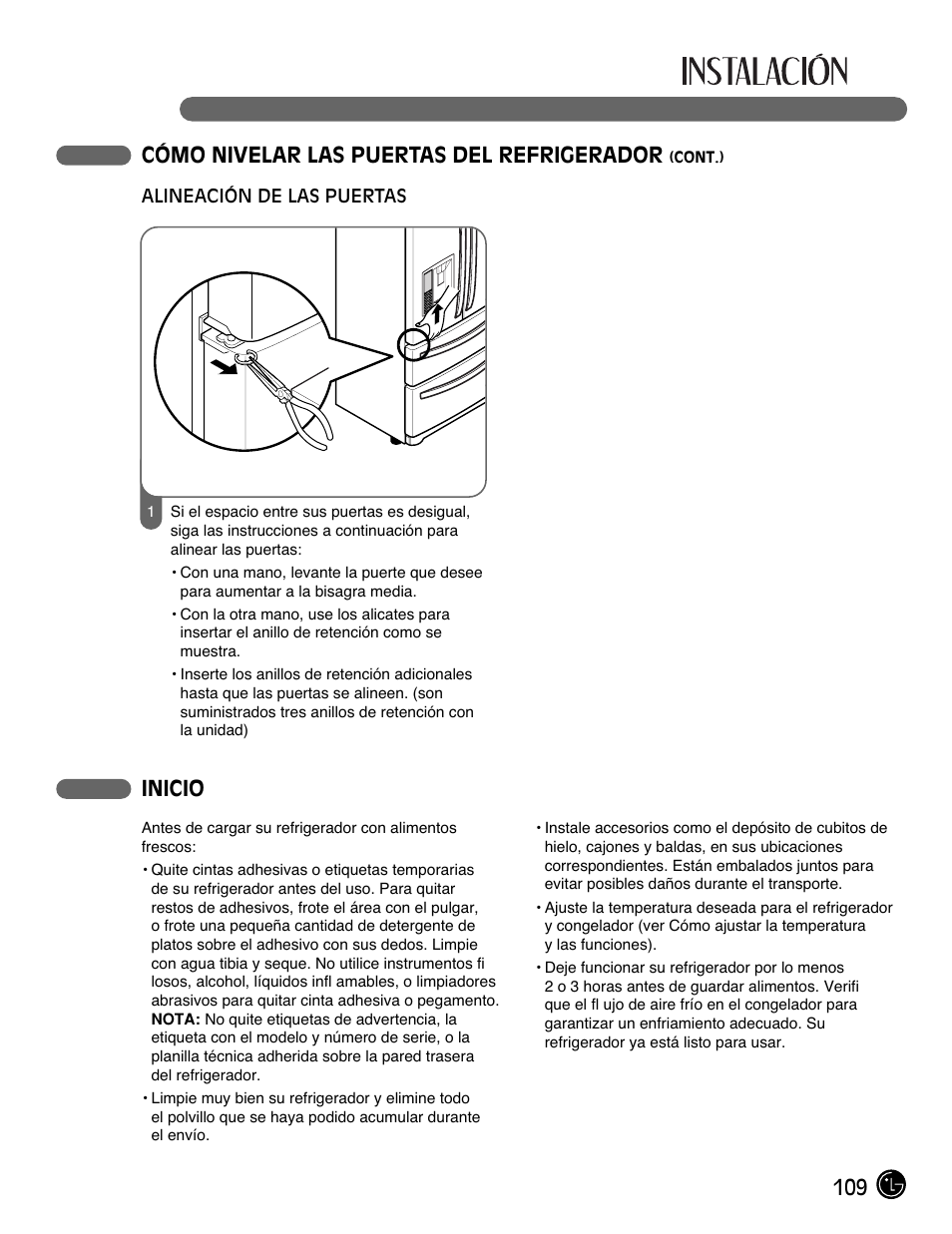 109 cómo nivelar las puertas del refrigerador, Inicio | LG LMX25981** User Manual | Page 109 / 132