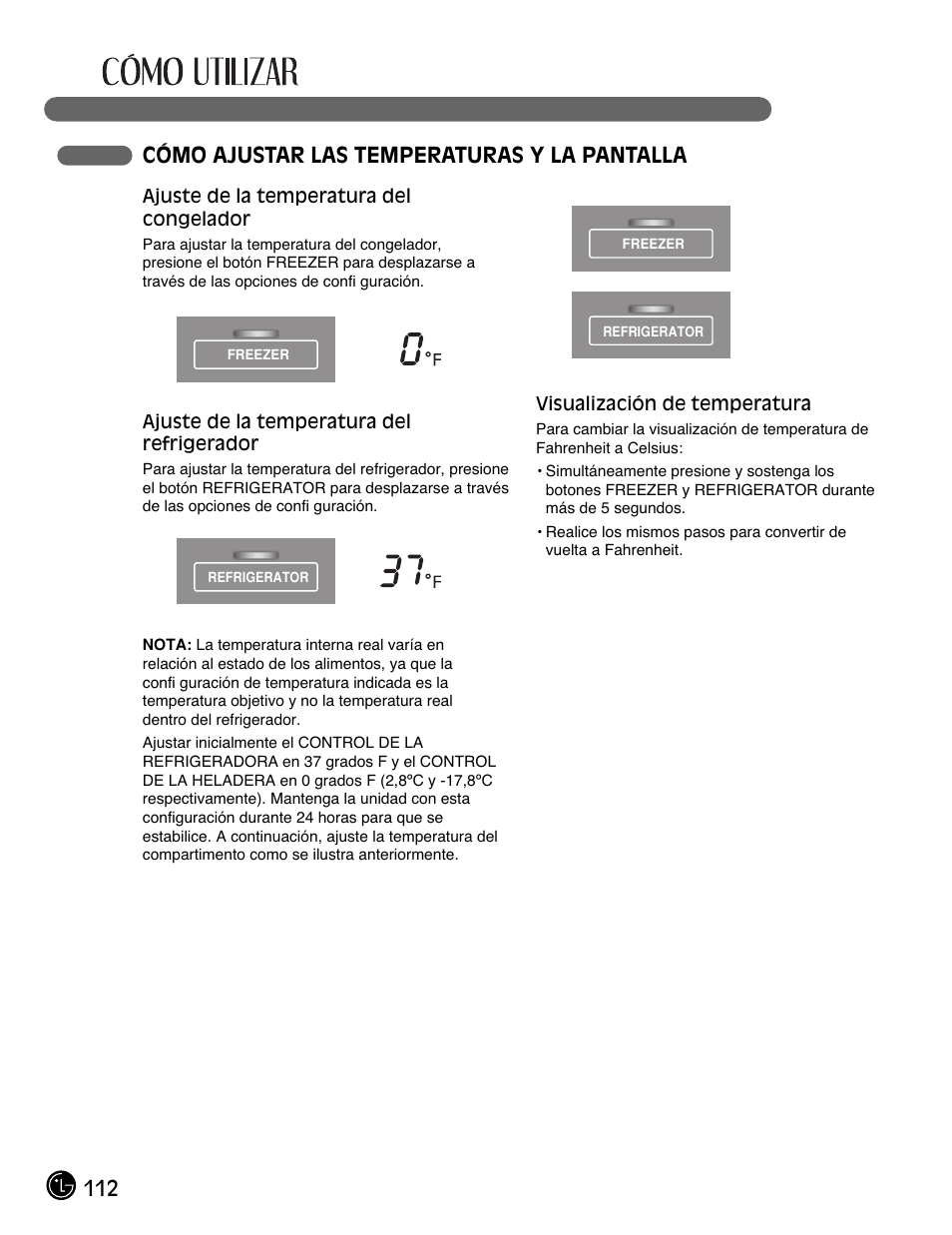 112 cómo ajustar las temperaturas y la pantalla | LG LMX25981** User Manual | Page 112 / 132