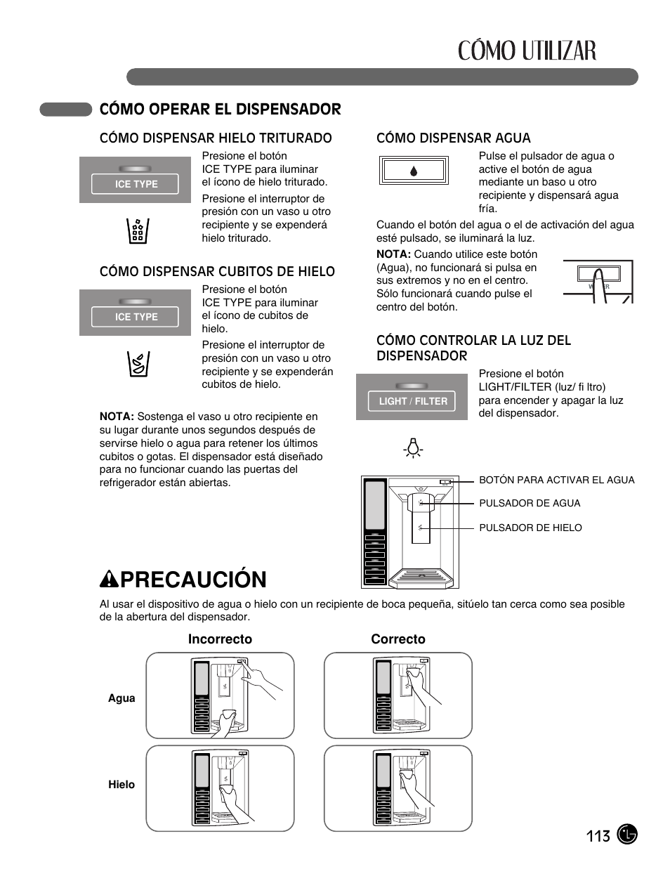 Wprecaución, 113 cómo operar el dispensador | LG LMX25981** User Manual | Page 113 / 132