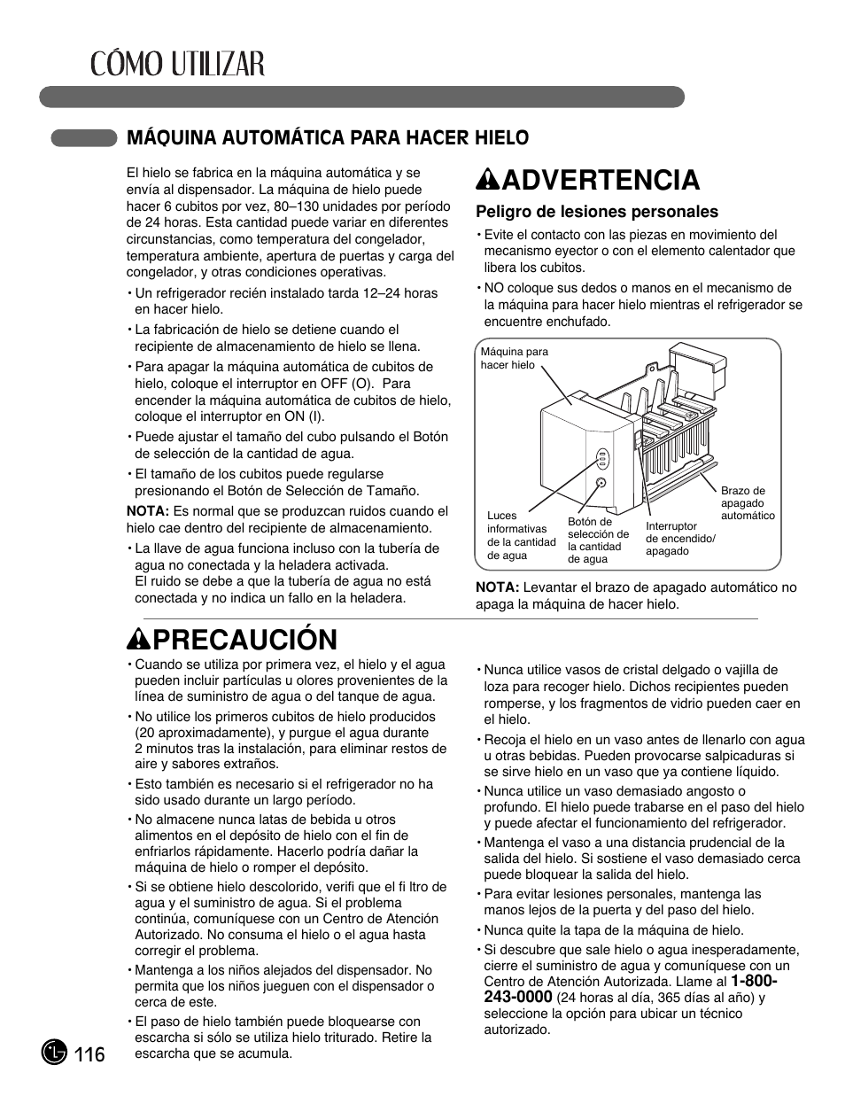 Wadvertencia, Wprecaución, 116 máquina automática para hacer hielo | LG LMX25981** User Manual | Page 116 / 132