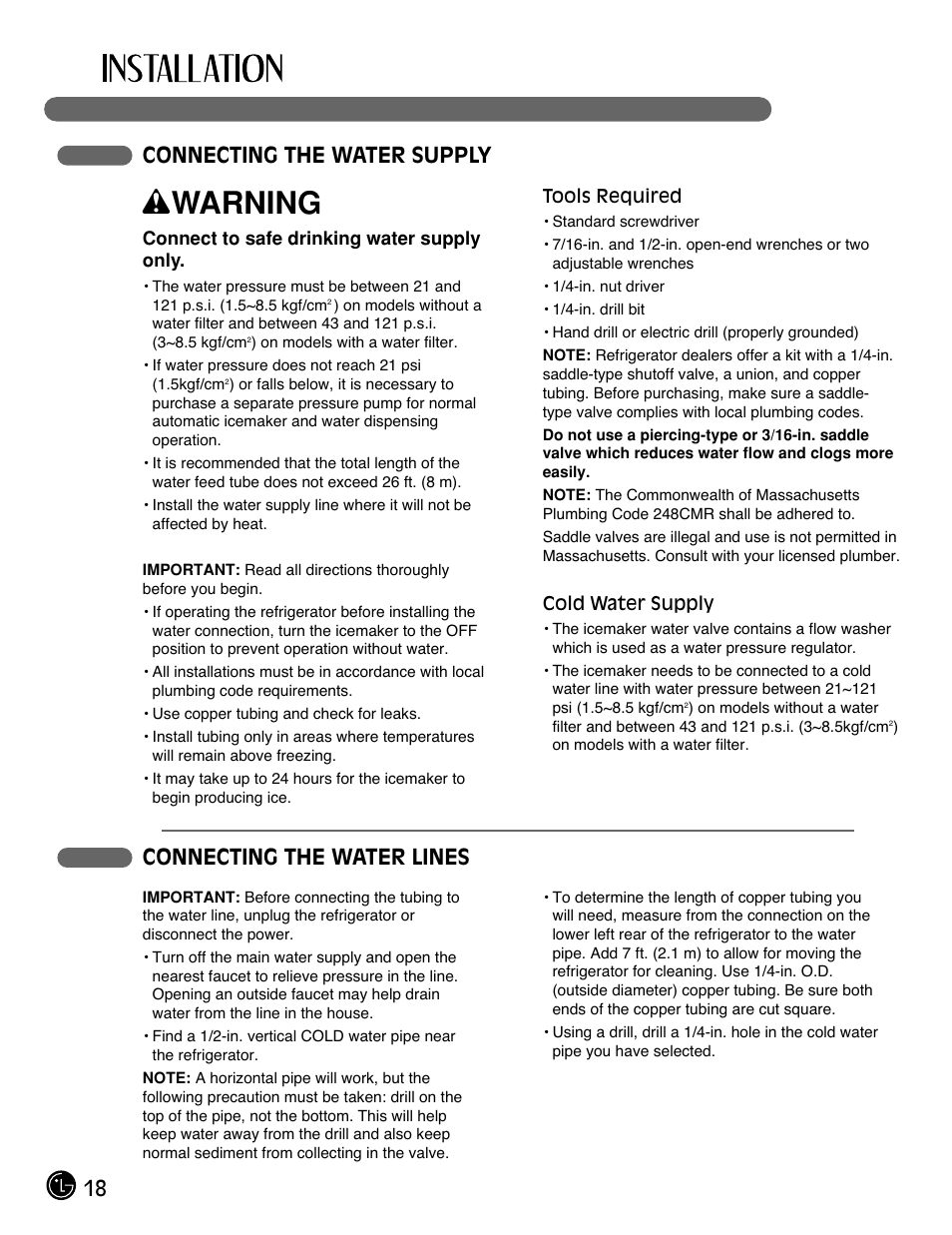 Wwarning, 18 connecting the water supply, Connecting the water lines | LG LMX25981** User Manual | Page 18 / 132