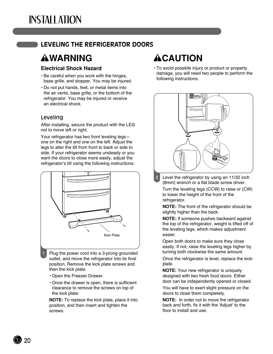 Wwarning, Wcaution, 20 leveling the refrigerator doors | LG LMX25981** User Manual | Page 20 / 132