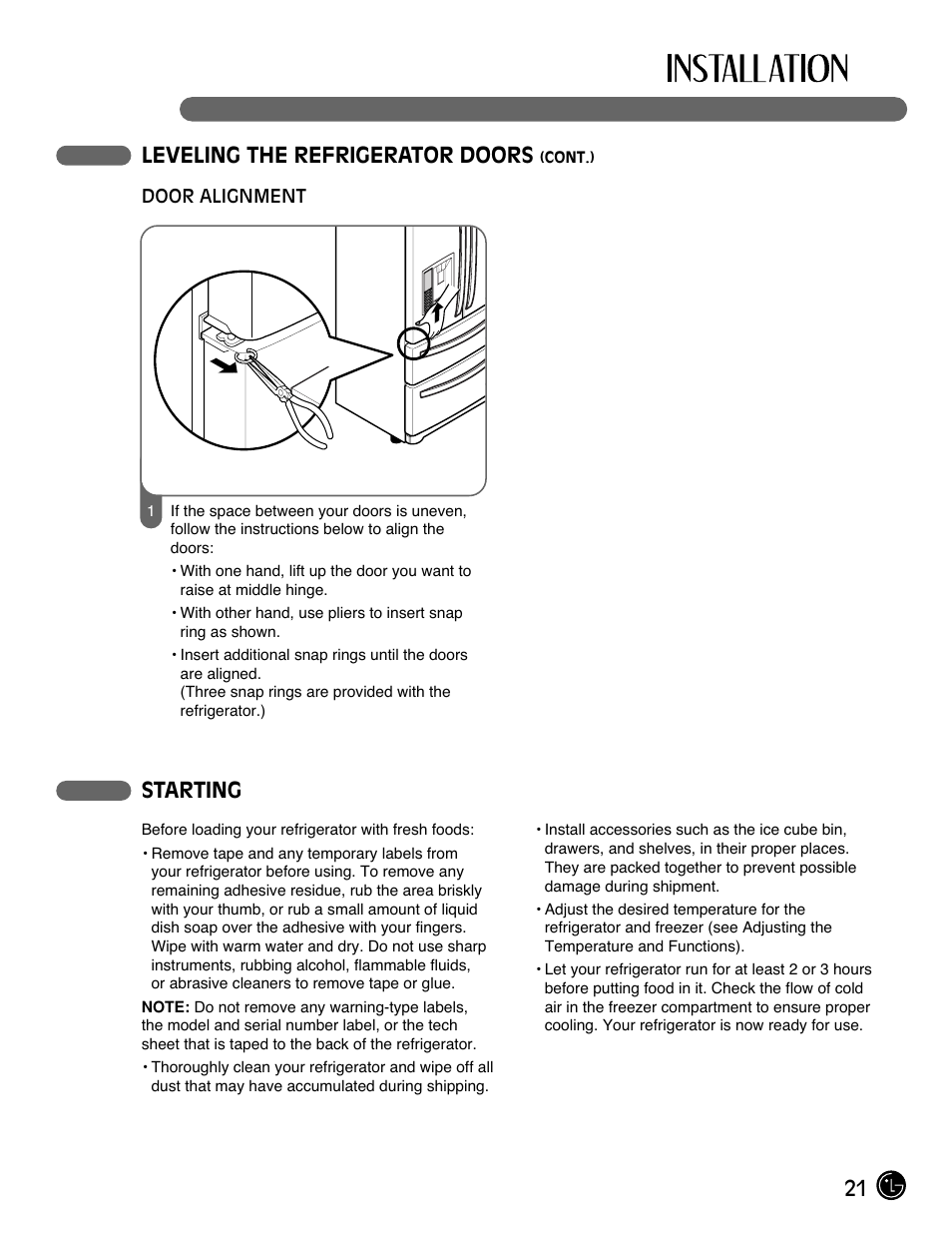 21 leveling the refrigerator doors, Starting | LG LMX25981** User Manual | Page 21 / 132